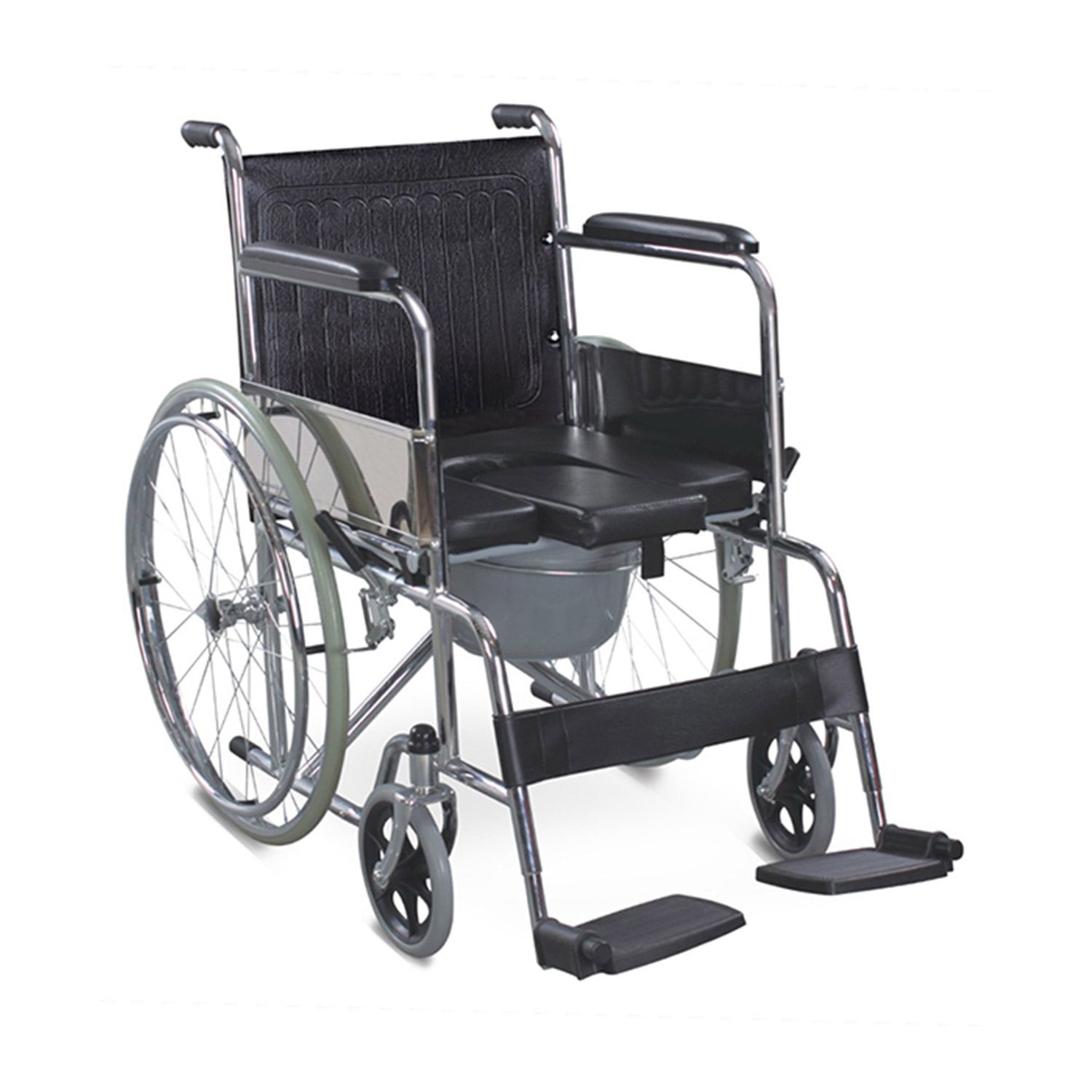 Commode Wheelchair with Foldable Chromed Steel Frame, U Shape Commode Seat, Fixed Armrest And Footrest Solid Castor And Rear Wheel.