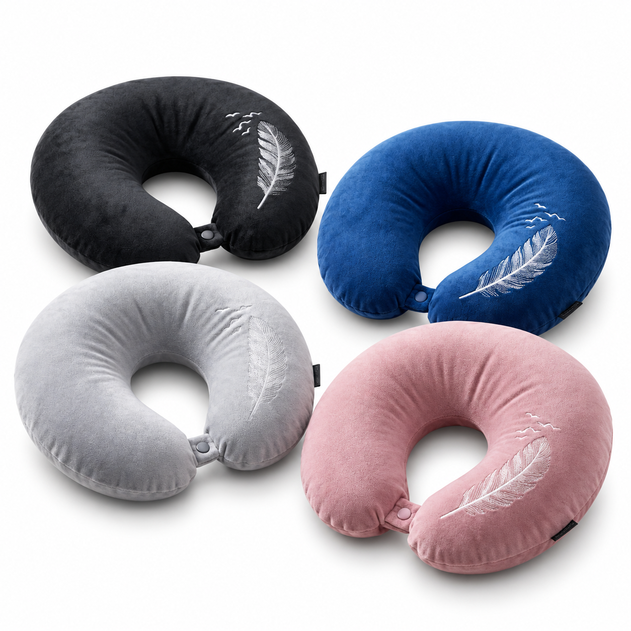 3Q  Comfort Velvet U-Shaped Neck Pillow for Travel I Soft, Adjustable Neck Support Cushion for Car, Flight, Home IFeather   Embroidered Velvet Neck Pillow with Snap Button